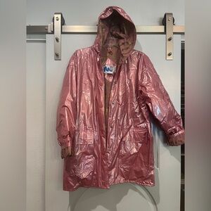 Vintage shiny metallic Pink slicker Raincoat with pink and gold lining.